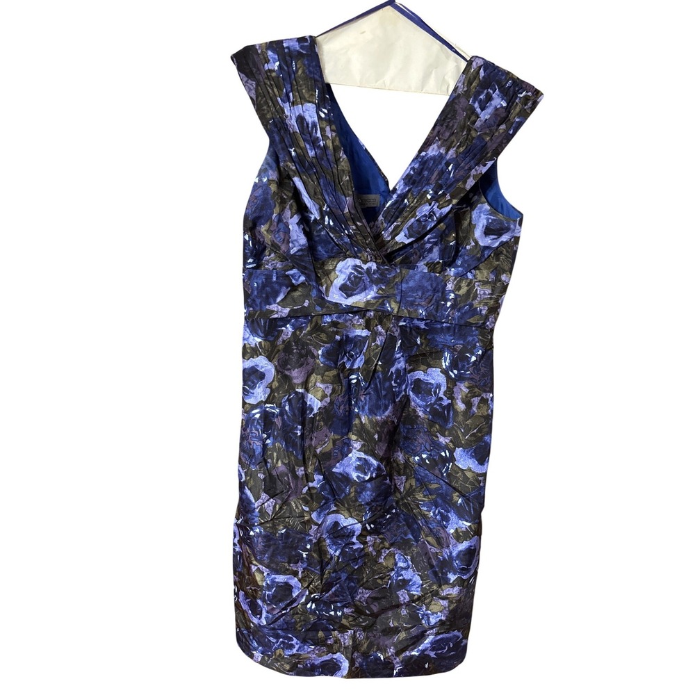 Adrianna Papell 100% Silk Blue Floral V-Neck Sheath Cocktail Dress